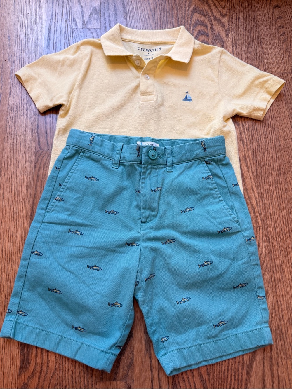 Crewcuts Yellow Polo & Teal Fish-Print Shorts Set Shirt Small Shorts 7